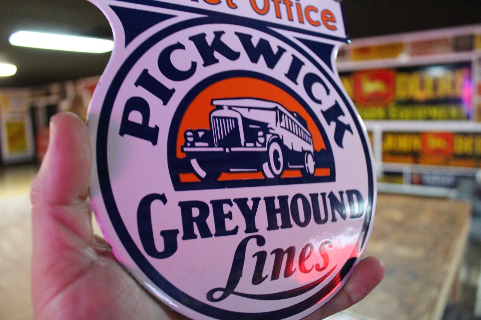 GREYHOUND LINES PICKWICK TICKET OFFICE PORCELAIN METAL SIGN GAS SODA FORD BUS