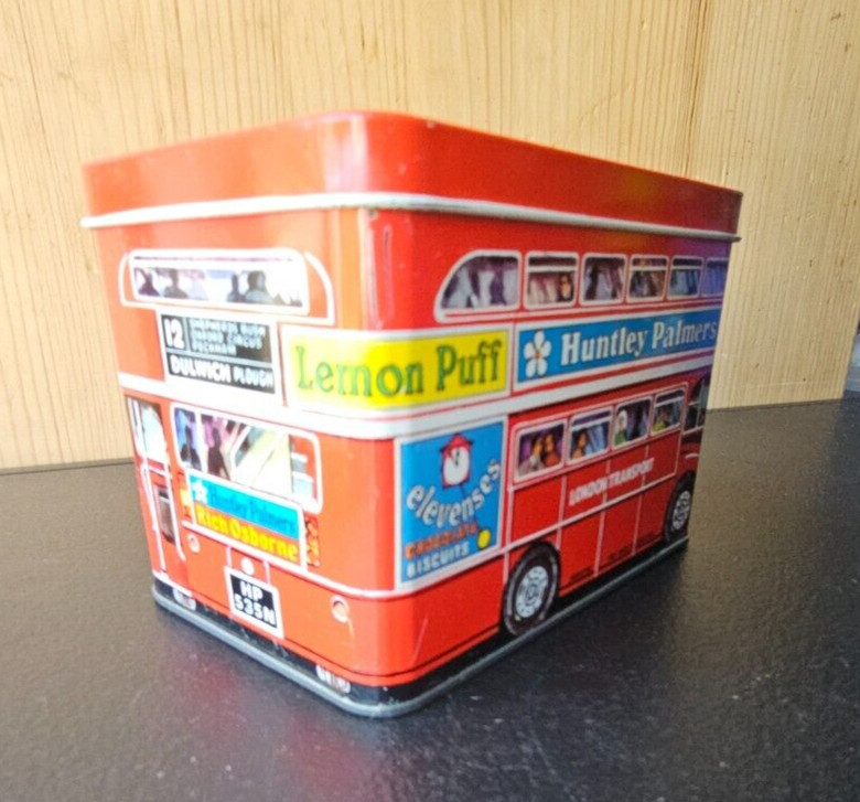 LONDON BUS TRANSPORT FACSIMILE STORAGE TIN. HBS MADE IN ENGLAND. HUNTLEY PALMERS