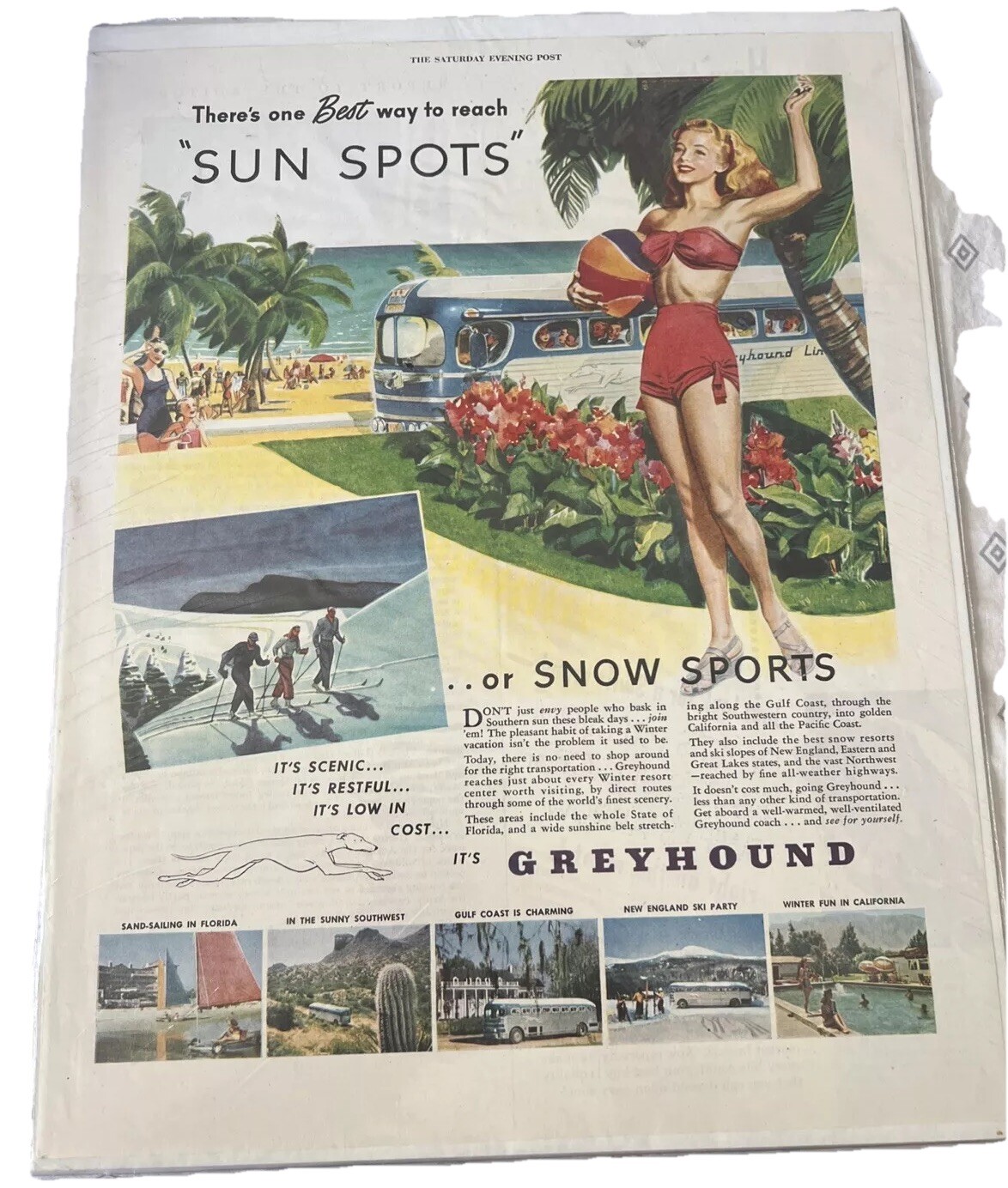 1947 OLD MAGAZINE PRINT AD, GREYHOUND BUS LINES, SUN SPOTS OR SNOW SPORTS, ART!
