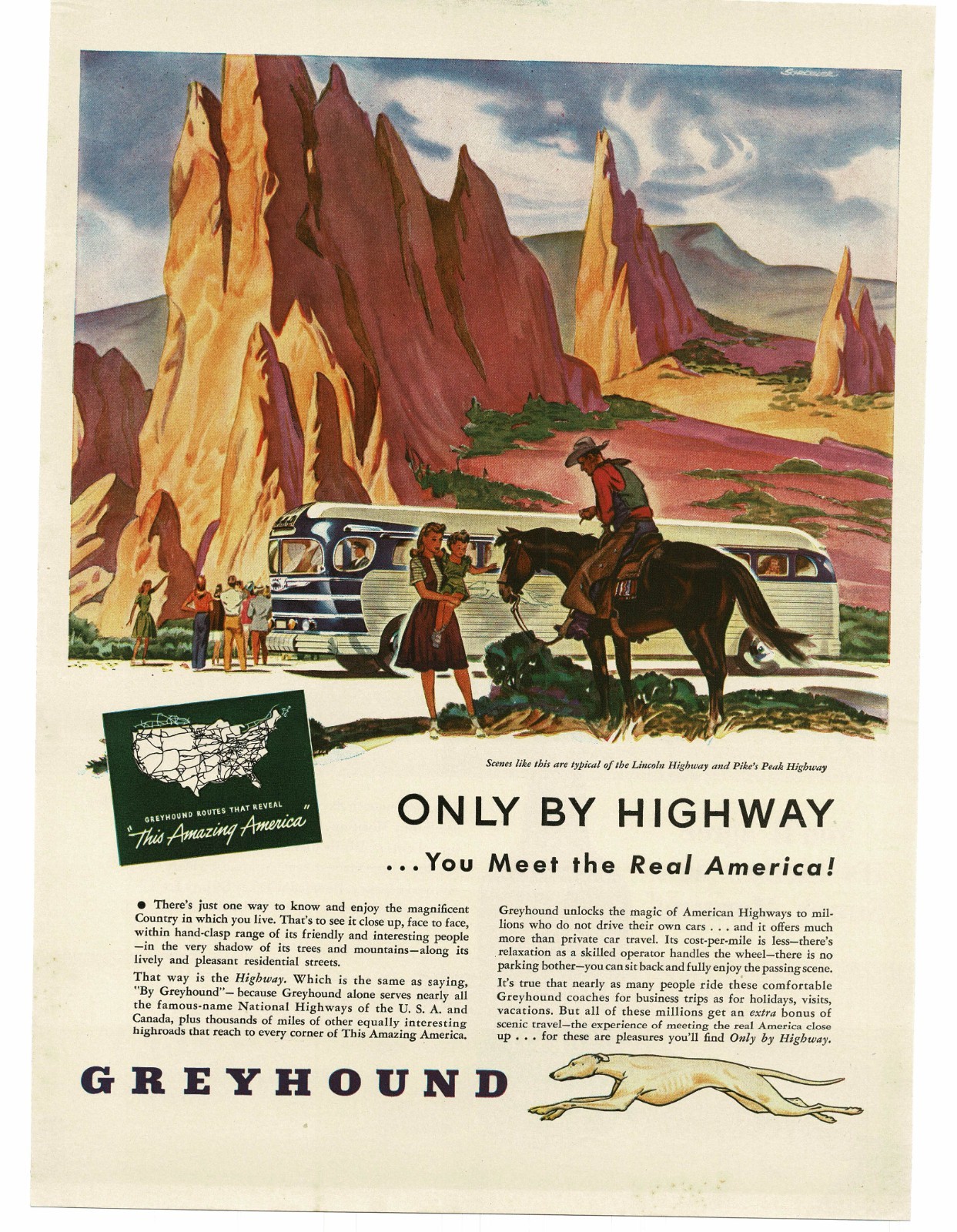 1946 Greyhound Bus Only By Highway western scene cowboy horse art Print Ad