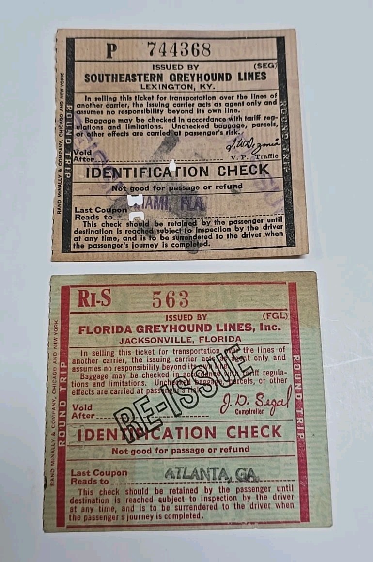 Vintage 1949 Greyhound Bus Ticket Stubs Lot of 2- Miami & Atlanta