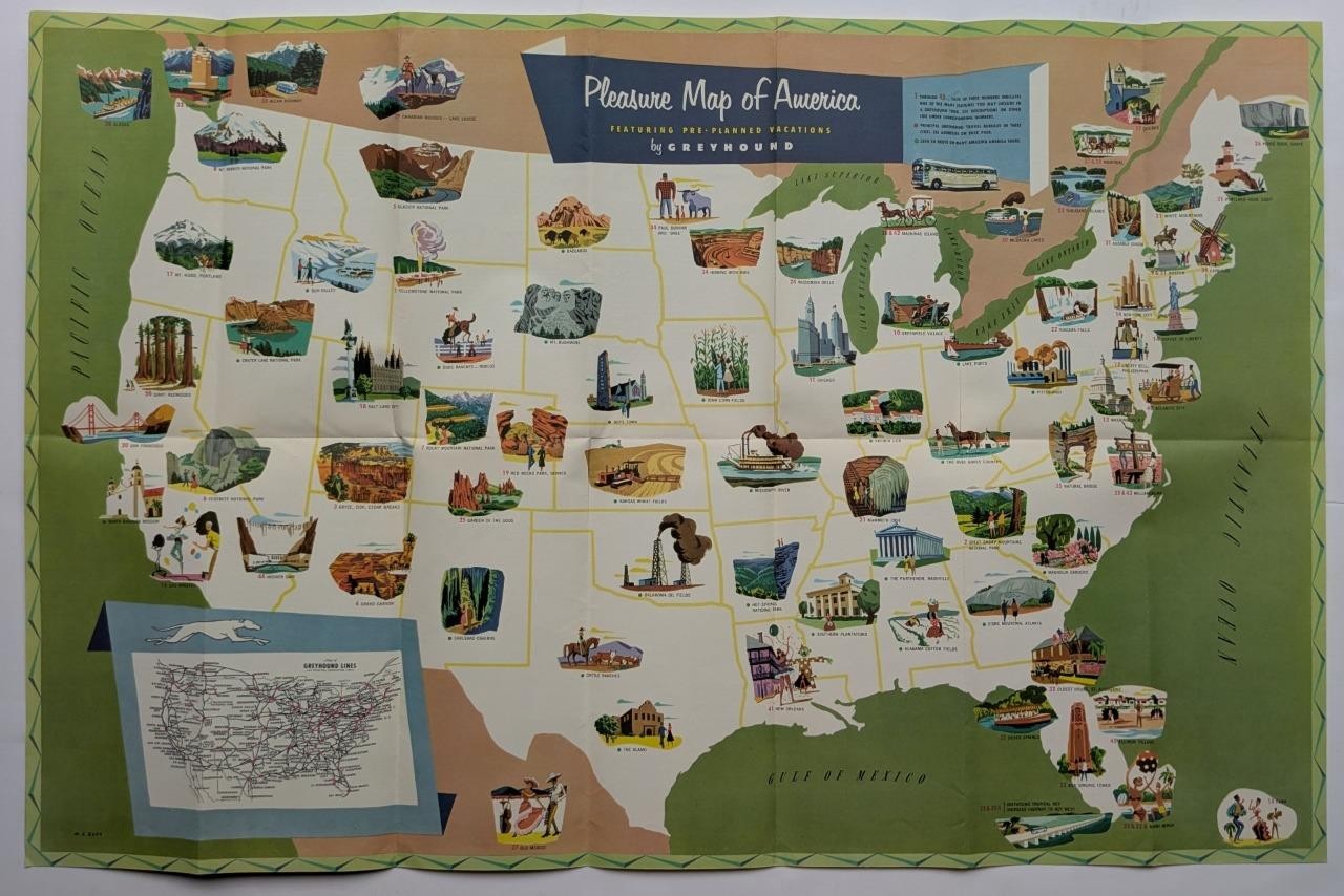 1953 GREYHOUND BUS TOURS GRAPHIC VINTAGE TRAVEL BROCHURE w PICTORIAL MAP OF USA