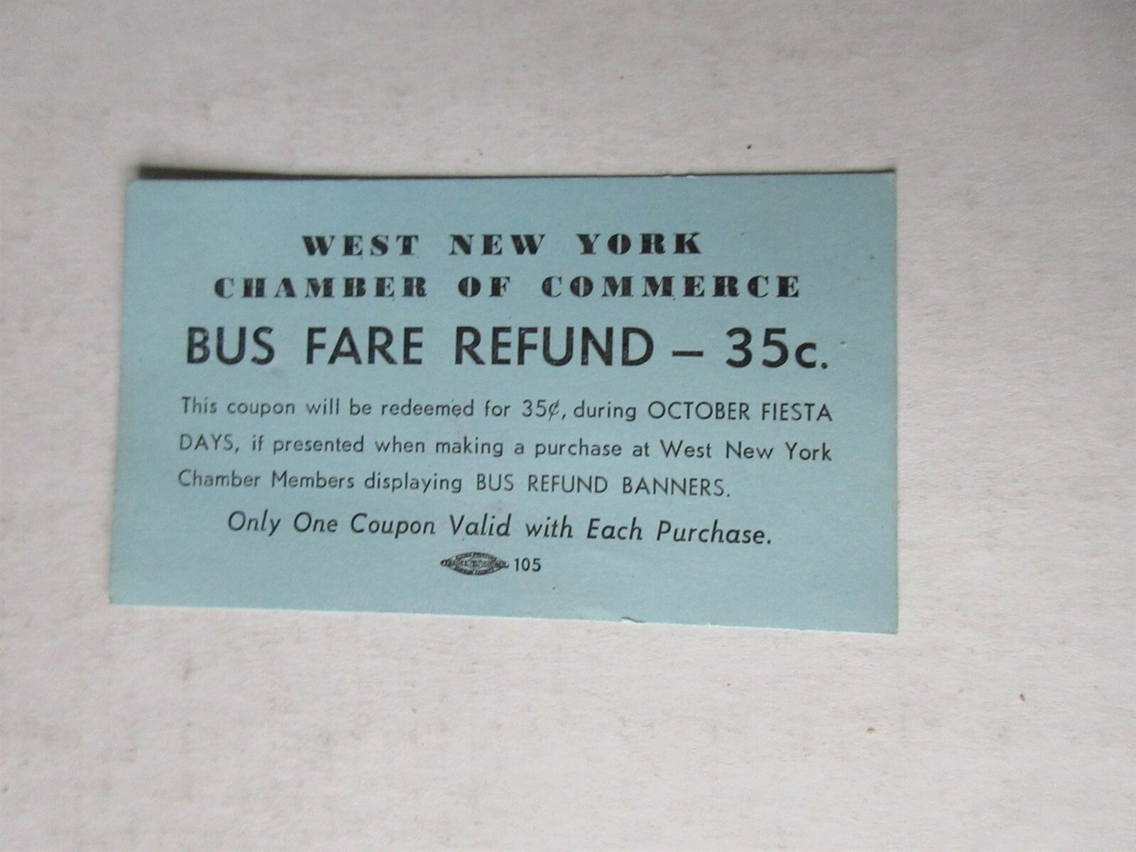 Vintage West New York Bus Fare Refund Ticket New Jersey