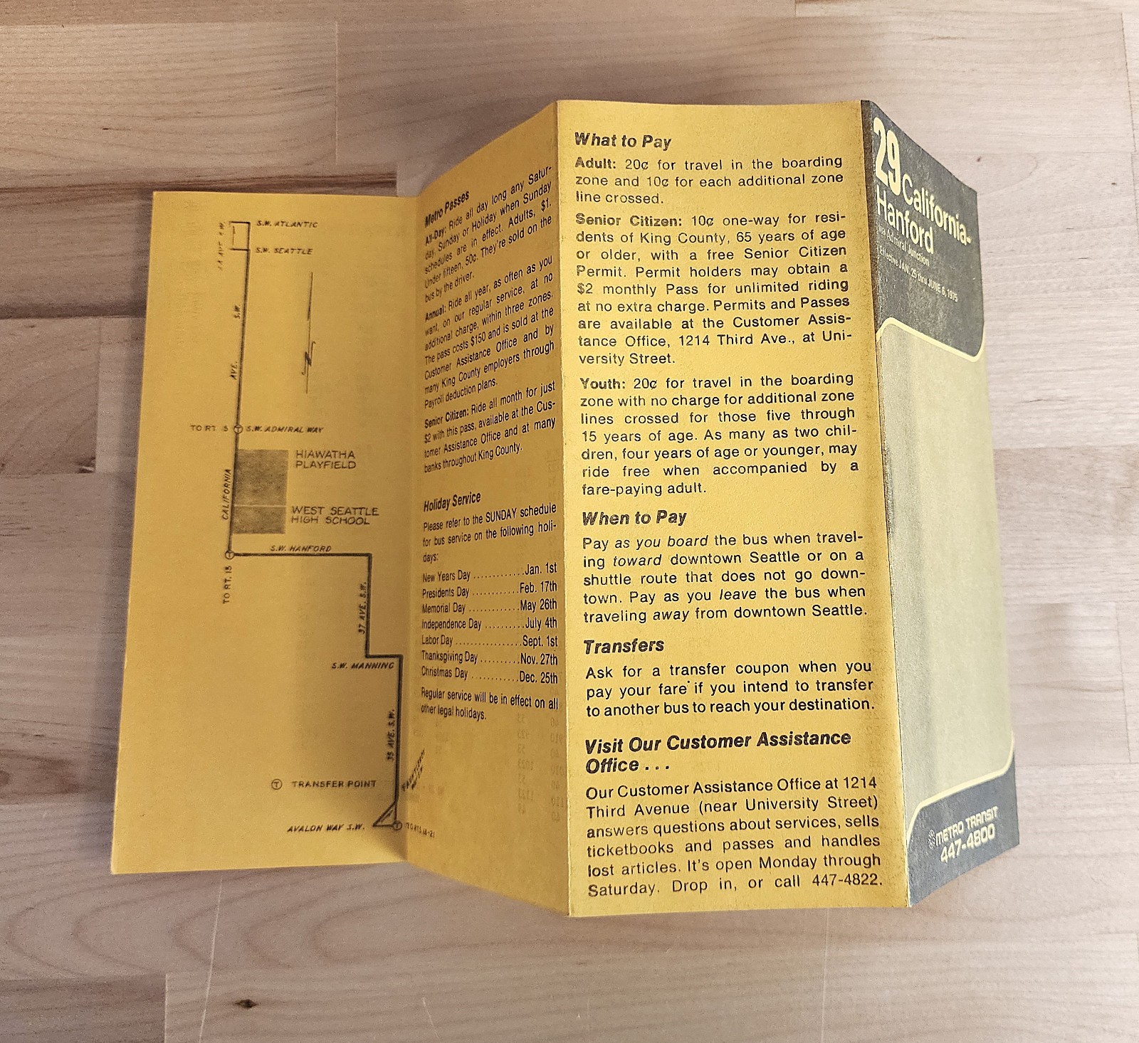 1975 METRO TRANSIT BUS TIME TABLE ROUTE 29 CALIFORNIA – HANFORD SEATTLE WA