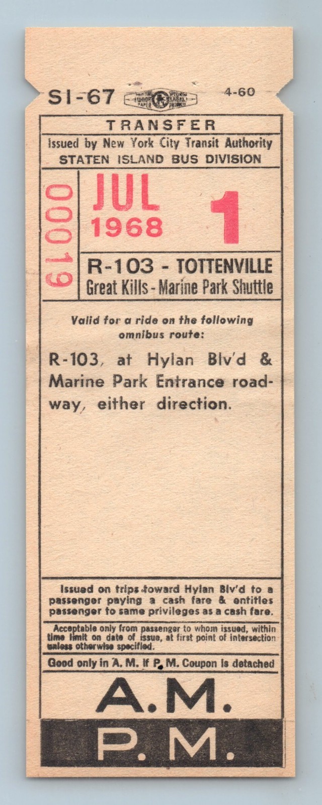 Bus Ticket NYCTA Staten Island R-103 Tottenville – Great Kills Jul 1 1968 SI-67