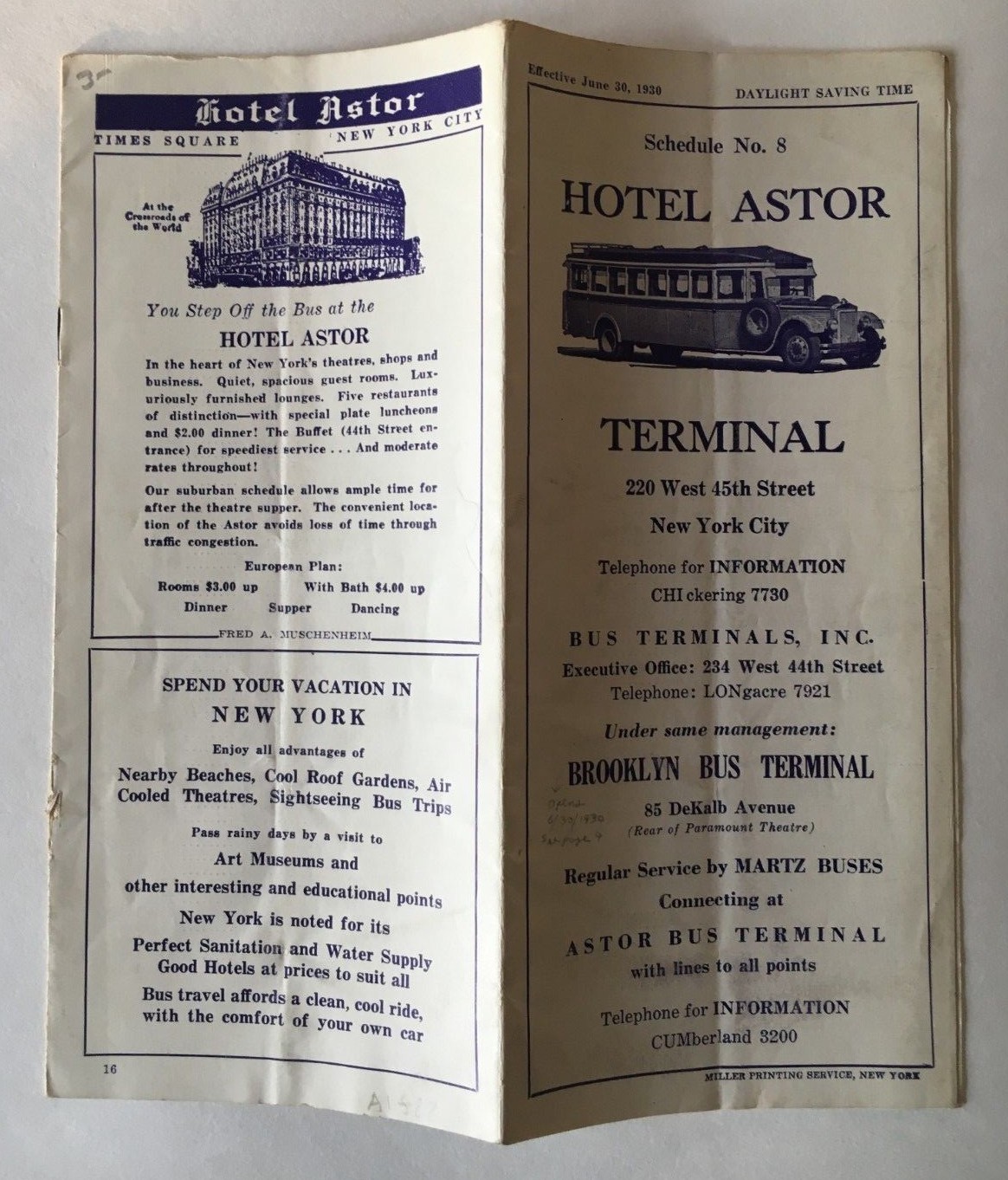 Vintage 1930 Hotel Astor New York City Bus Motor Coach Timetable Brochure Martz