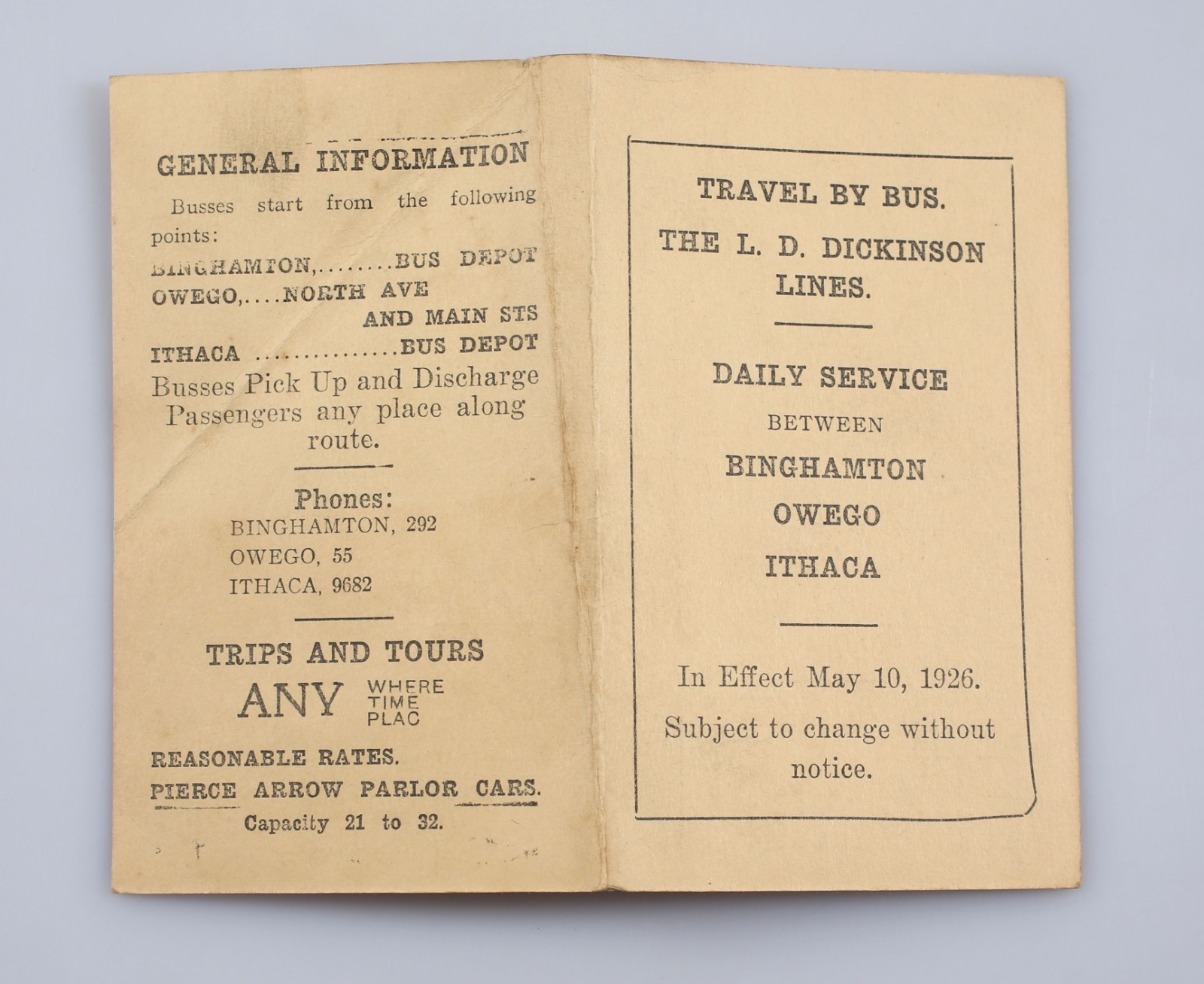 1926 L. D. Dickinson Bus Lines Timetable Binghamton Ithaca Owego New York