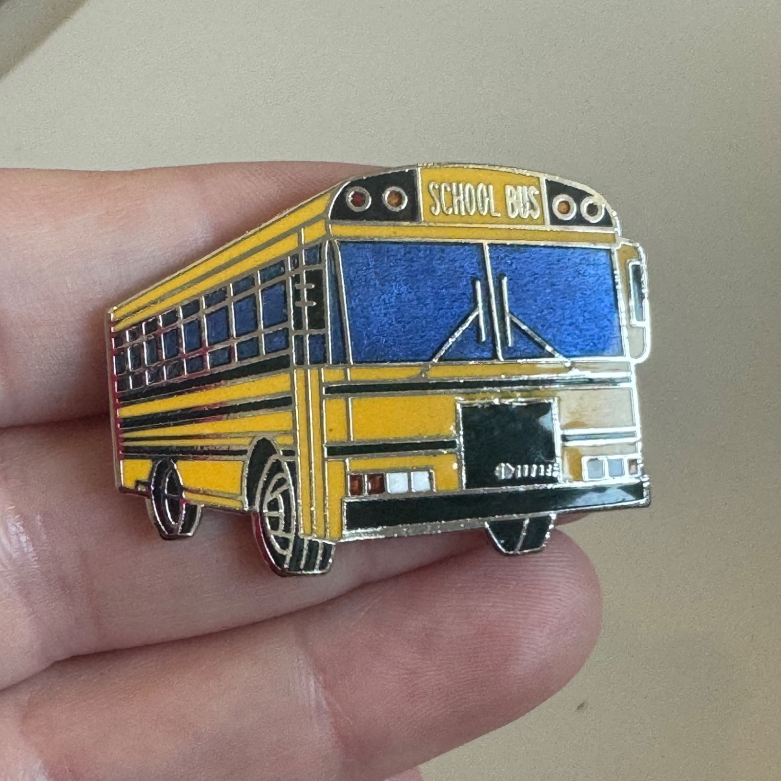 Vintage School Bus Enamel Lapel Pin Yellow Blue Black Transit Travel