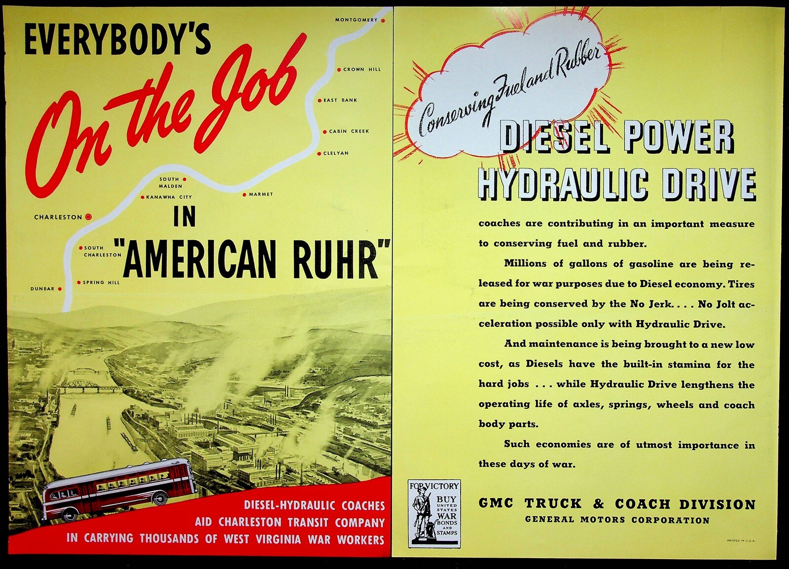 1940s GMC Truck & Coach WWII Wartime 2-Page Bus Ad American Ruhr Diesel Power