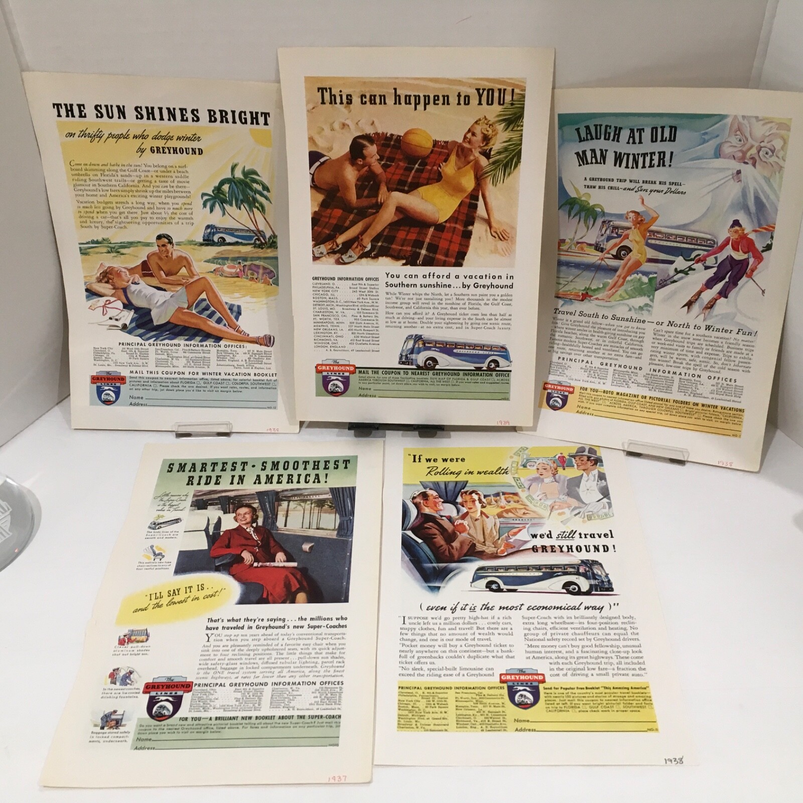 Magazine Advertising -1937-1938-1939 Greyhound Bus Lines 5 Great Colorful Pages