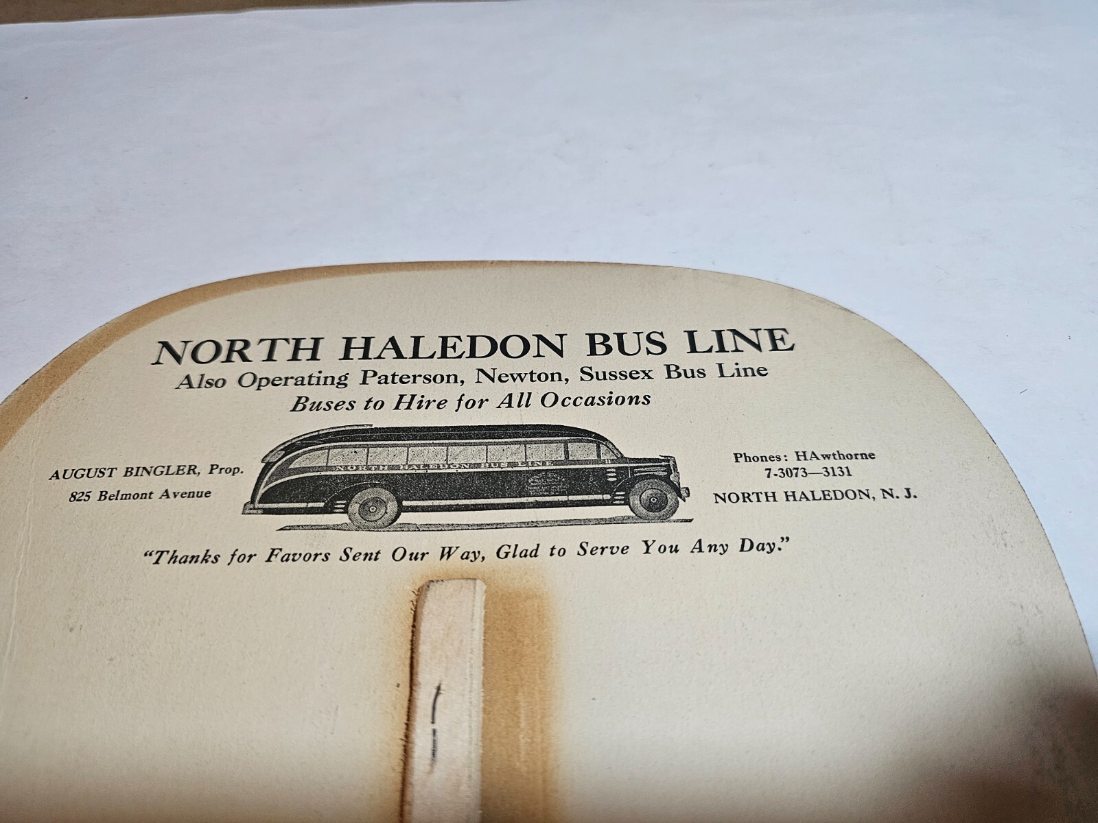 c.1935 NORTH HALEDON BUS LINE FAN NEW JERSEY DIONNE QUINTUPLETS ADVERTISING N.J.