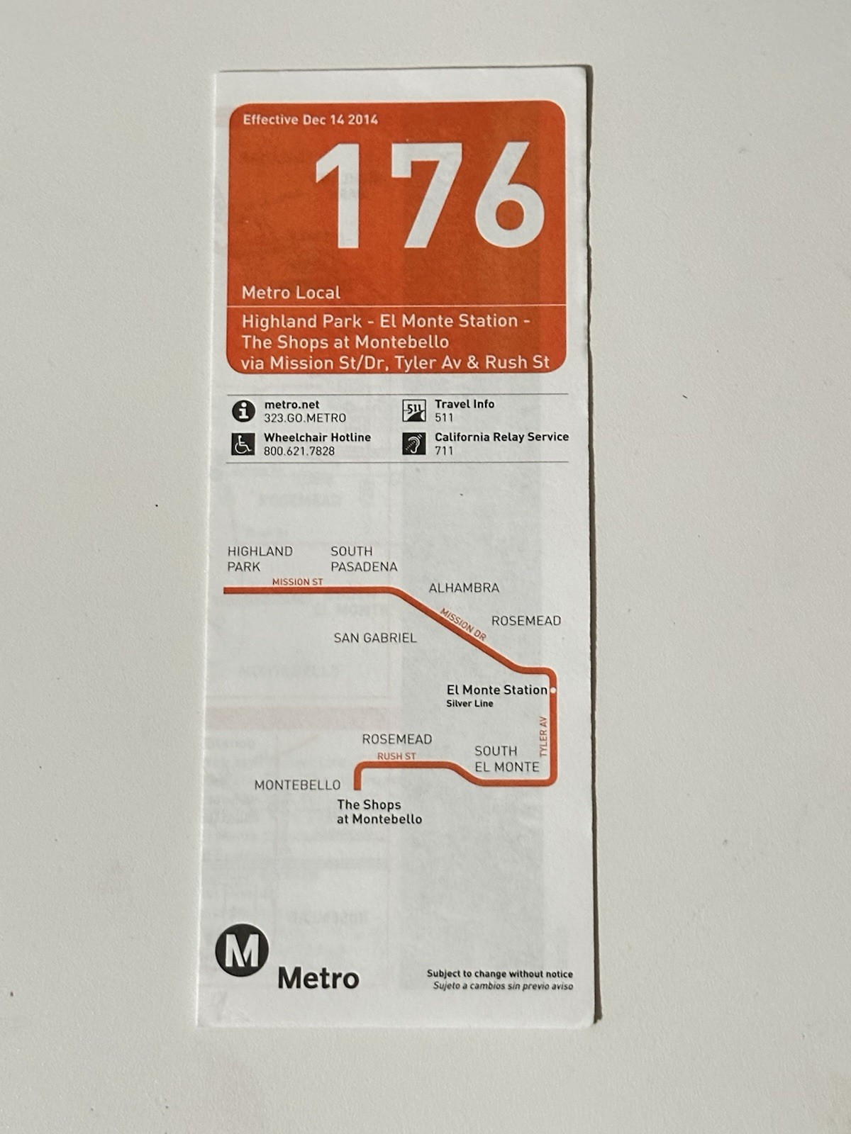 LA Metro Line 176 Mission Dr/Tyler Av/Rush St bus schedule – collectors item