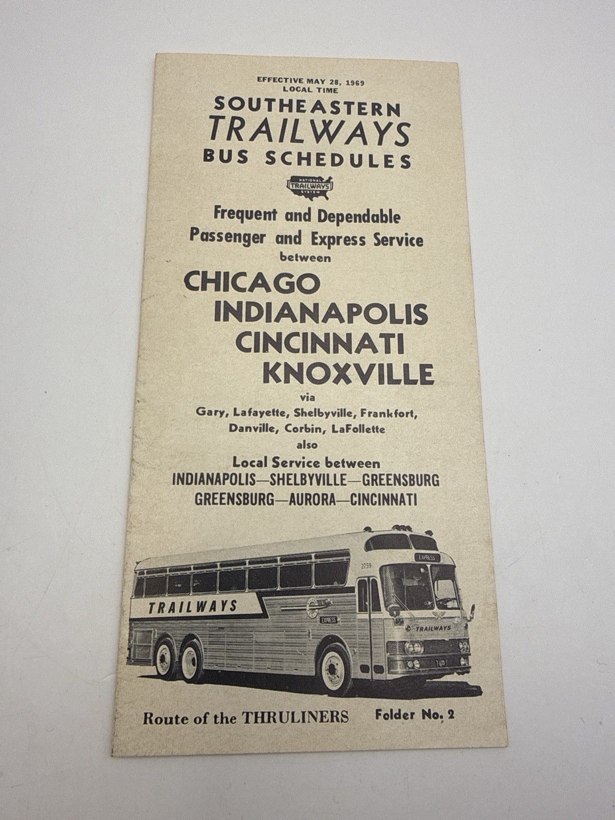 1969 Southeastern Trailways Bus Schedule Folder Chicago–Indianapolis–Knoxville