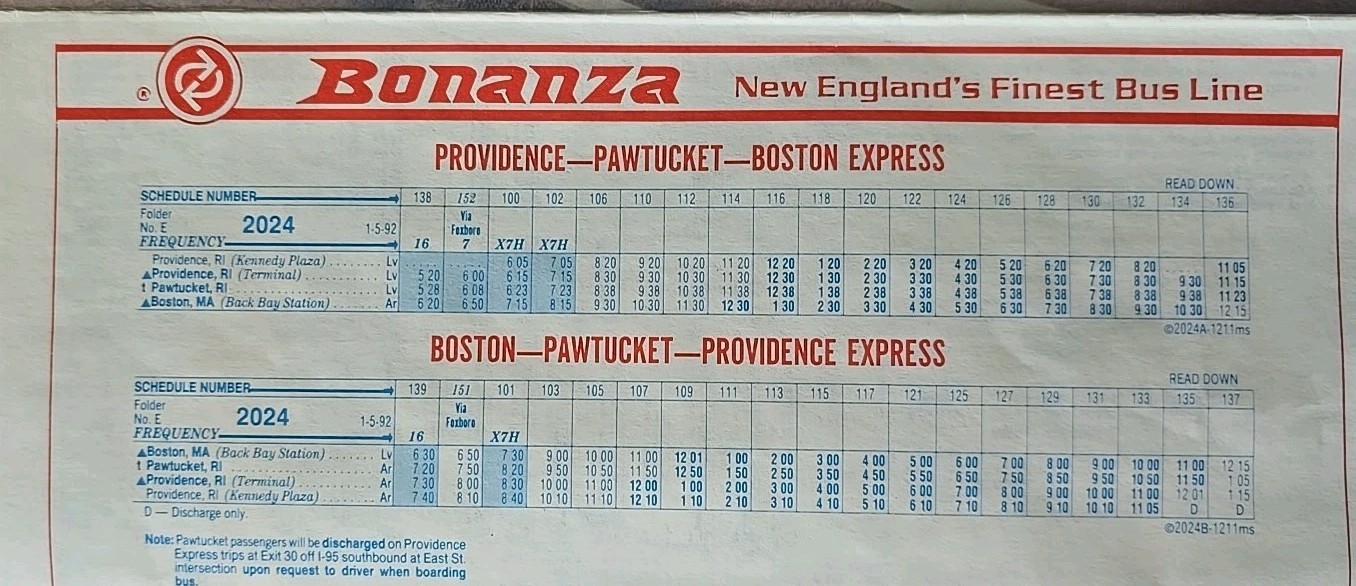 Bonanza Bus Lines January 5th 1992 Bus Schedule Vintage New England’s Finest Bus