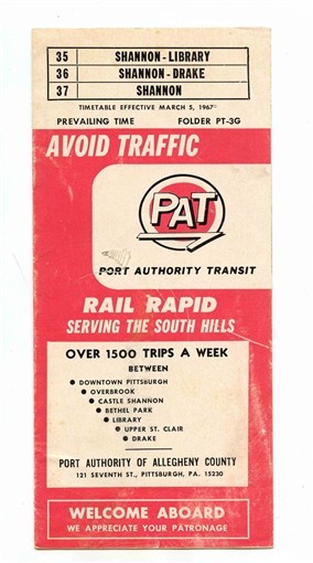 Port Authority Transit Time Table Pittsburgh Pennsylvania South Hills 1967