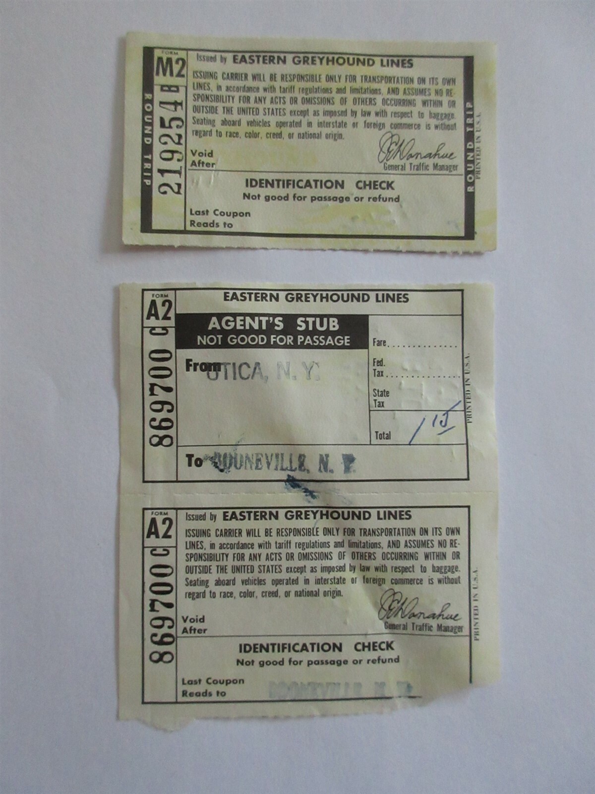 1964 Eastern Greyhound Lines ticket stubs Utica – Booneville, NY