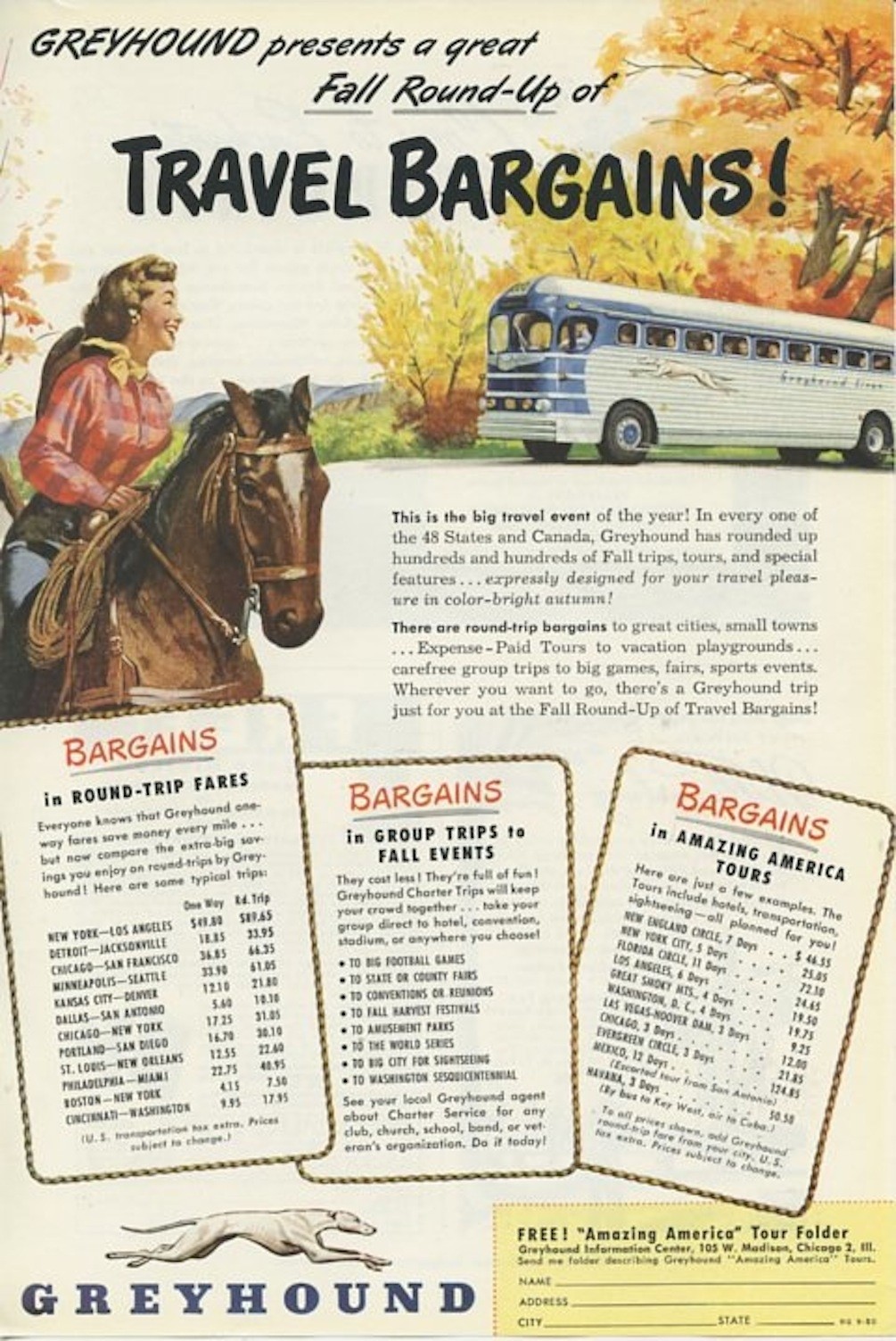 Greyhound Presents Great Fall Round Up of Fall Bargains 1950 Vintage Ad