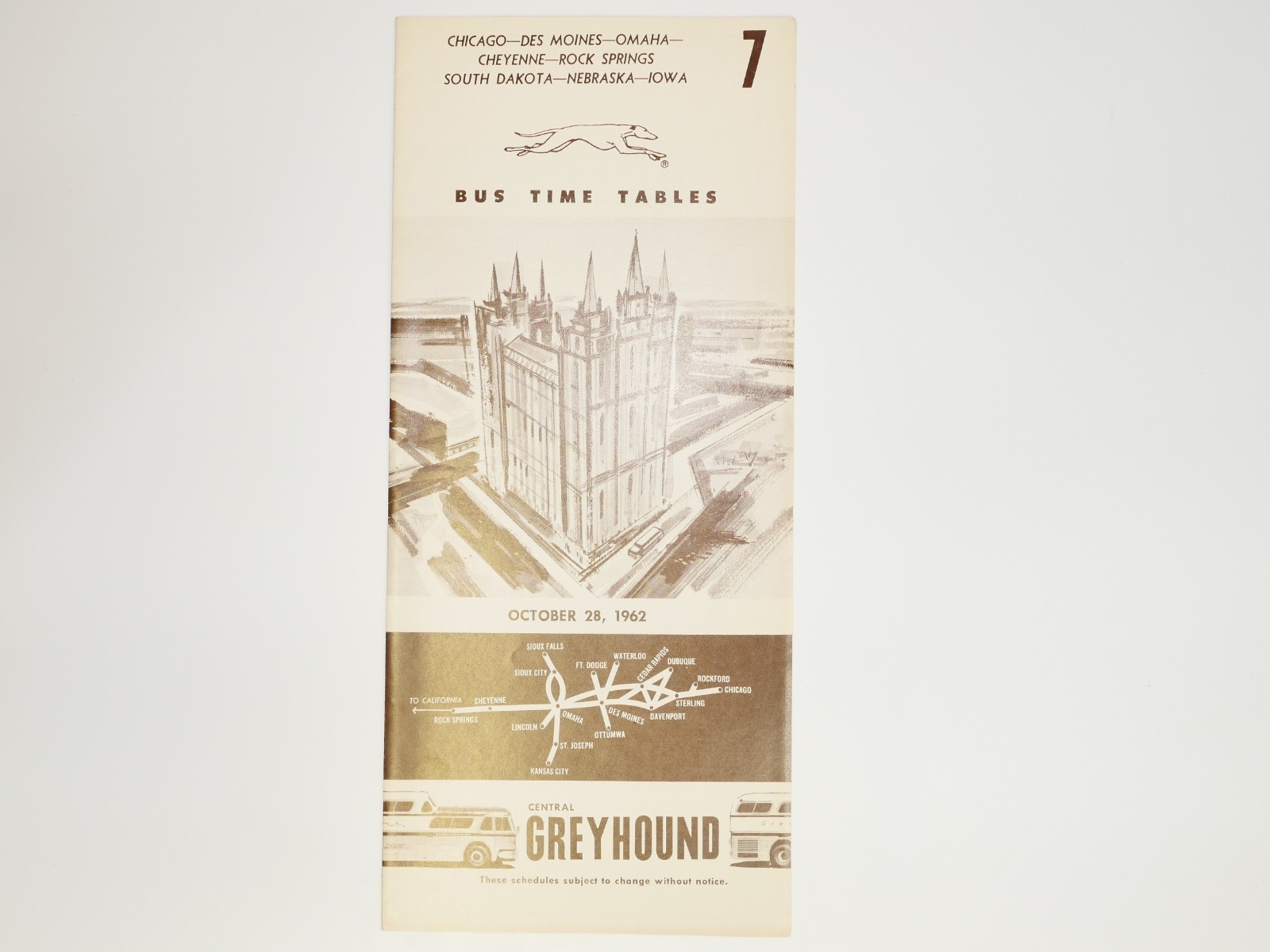 Central Greyhound Bus Time Table #7, Oct. 28, 1962