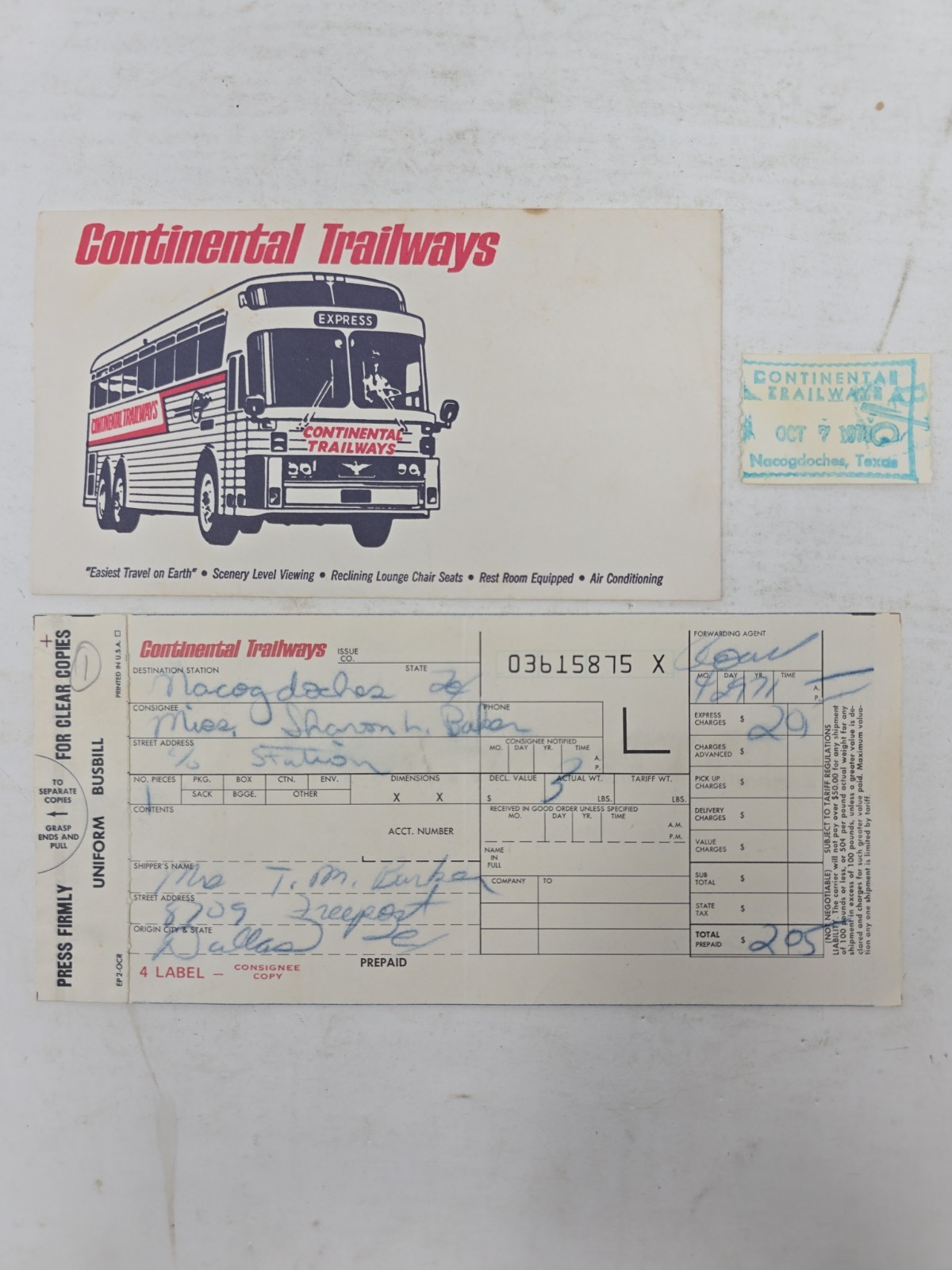 Vintage Continental Trailways Express Bus Ephemera Lot Nacogdoches TX 1971