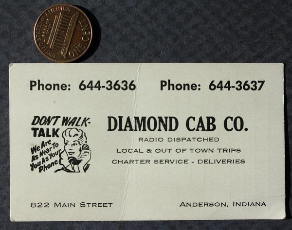 Anderson Indiana Diamond Cab Company Business Card 822 Main Street VTG +