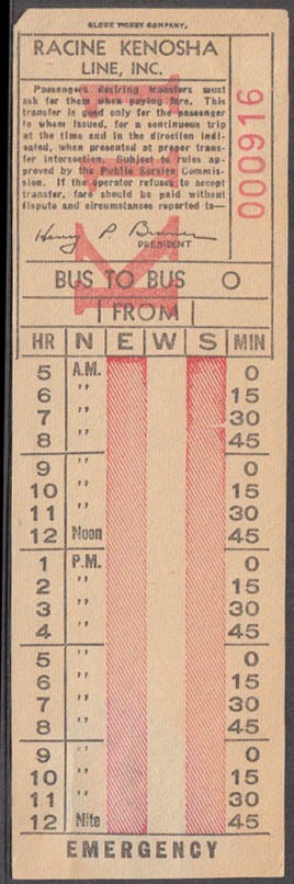 Racine Kenosha Bus Line transfer Bus to Bus Line K ca 1940s