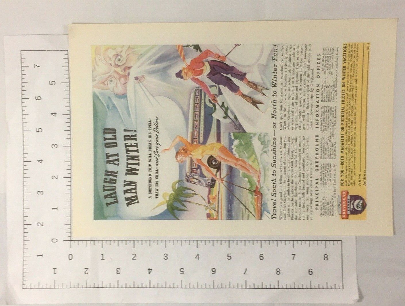 1940s Greyhound Bus Lines Magazine Print Ad Woman Skiing