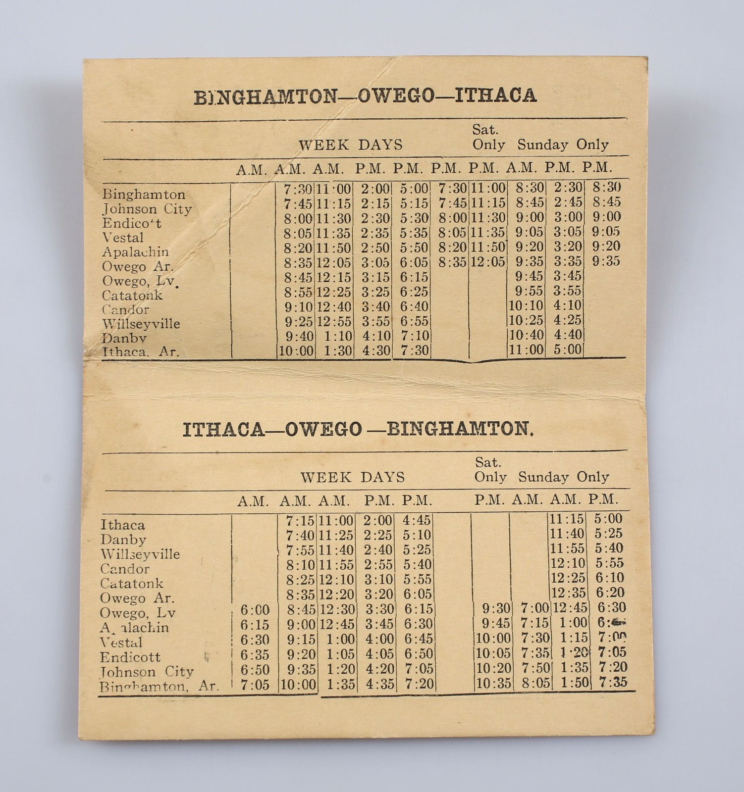 1926 L. D. Dickinson Bus Lines Timetable Binghamton Ithaca Owego New York