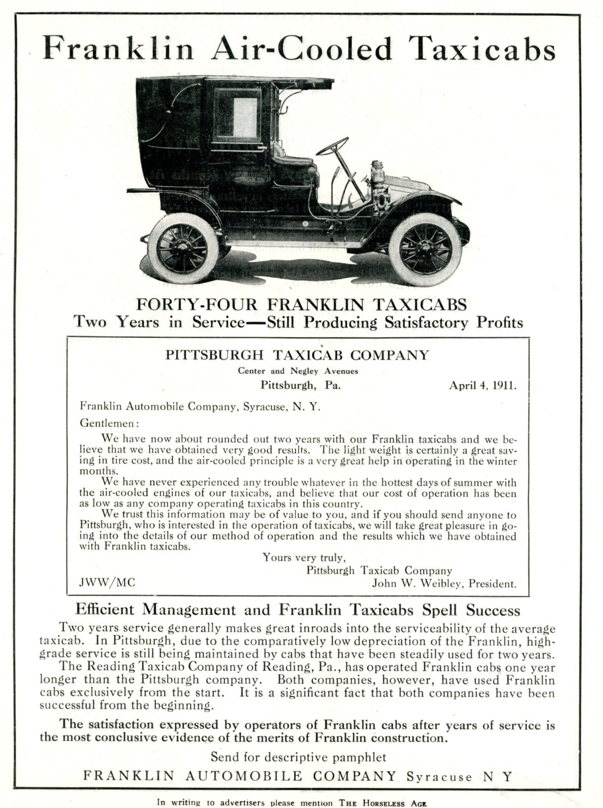 1911 Original Franklin Air-Cooled Taxicab Ad. Pittsburgh Taxicab Endorsement