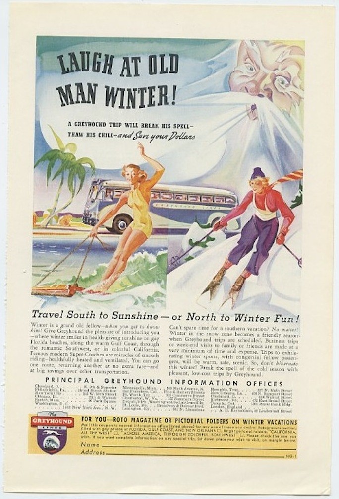 Greyhound Greyhound Trip Will Break Old Man Winter Spell Laugh 1938 Vintage Ad