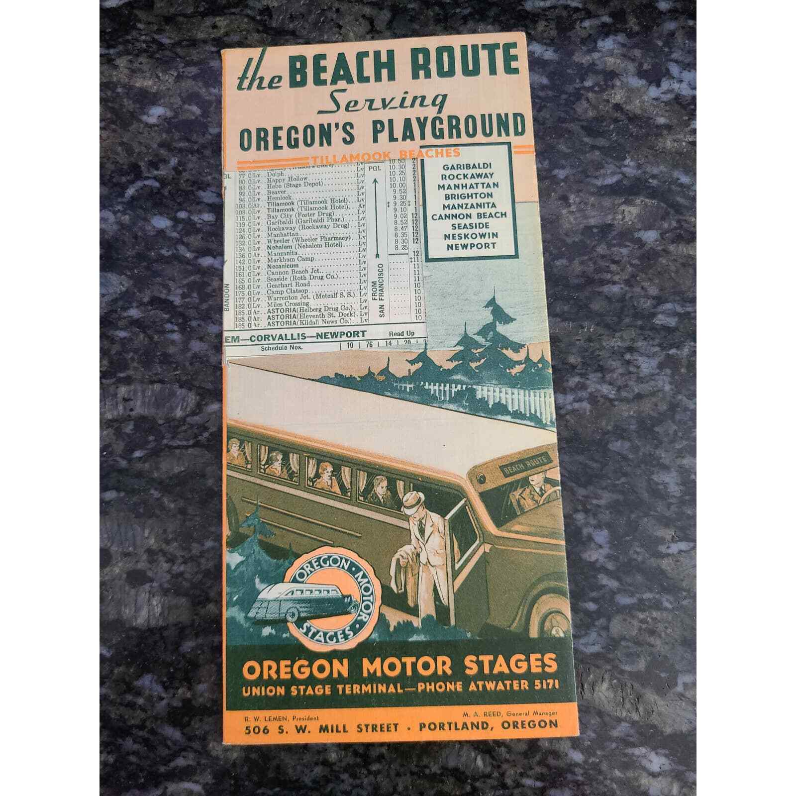 1937 OREGON MOTOR STAGES BUS TIMETABLE – THE BEACH ROUTE (EF) (90)