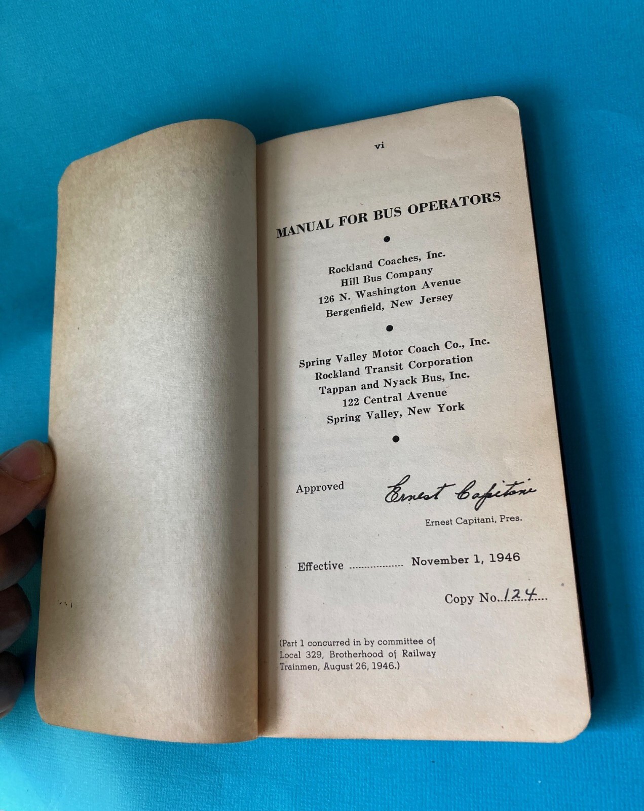 1946 Manual Bus Operators Spring Valley Motor Coach Rockland County Tappan NY