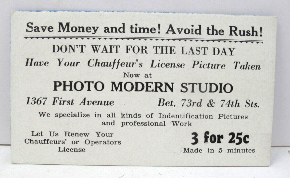 PHOTO MODERN STUDIO New York City CHAUFFEUR Operators License Business Card