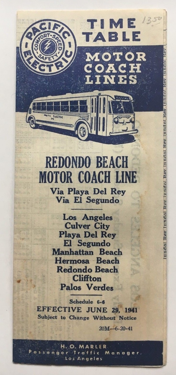 Vintage 1941 Pacific Electric Motor Coach Lines Timetable Redondo Beach bus