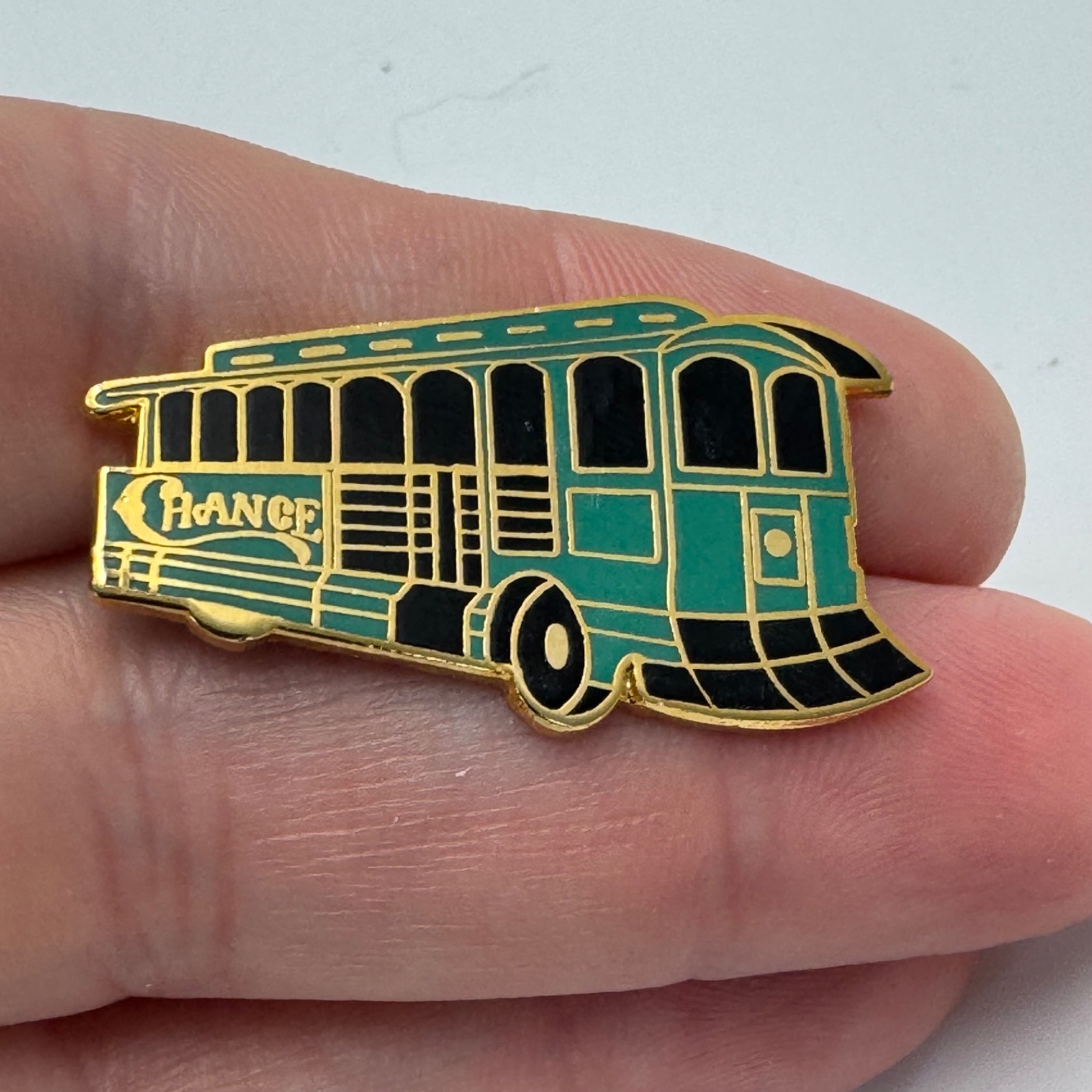 Chance Coach Transit Bus Lapel Pin Trolley Streetcar Green Gold Vintage