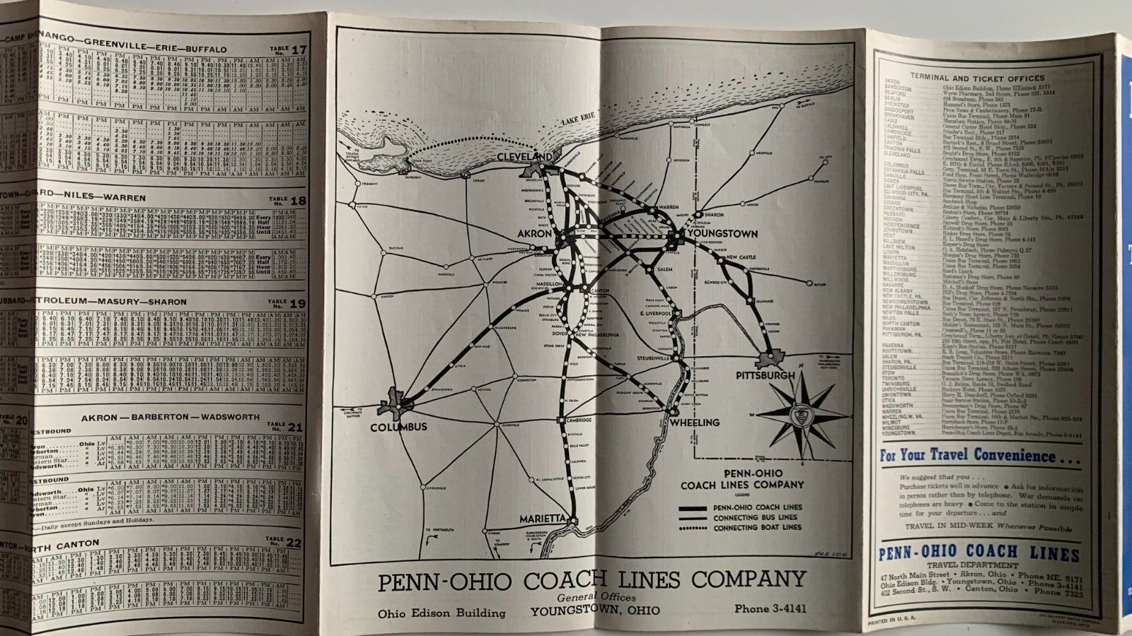 Vintage 1943 Penn-Ohio Coach Lines Timetable Brochure Bus Motor Pennsylvania WW2