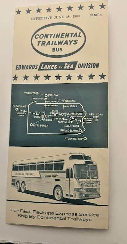 1969 CONTINENTAL TRAILSWAY BUS TIMETABLE PENNSYLVANIA