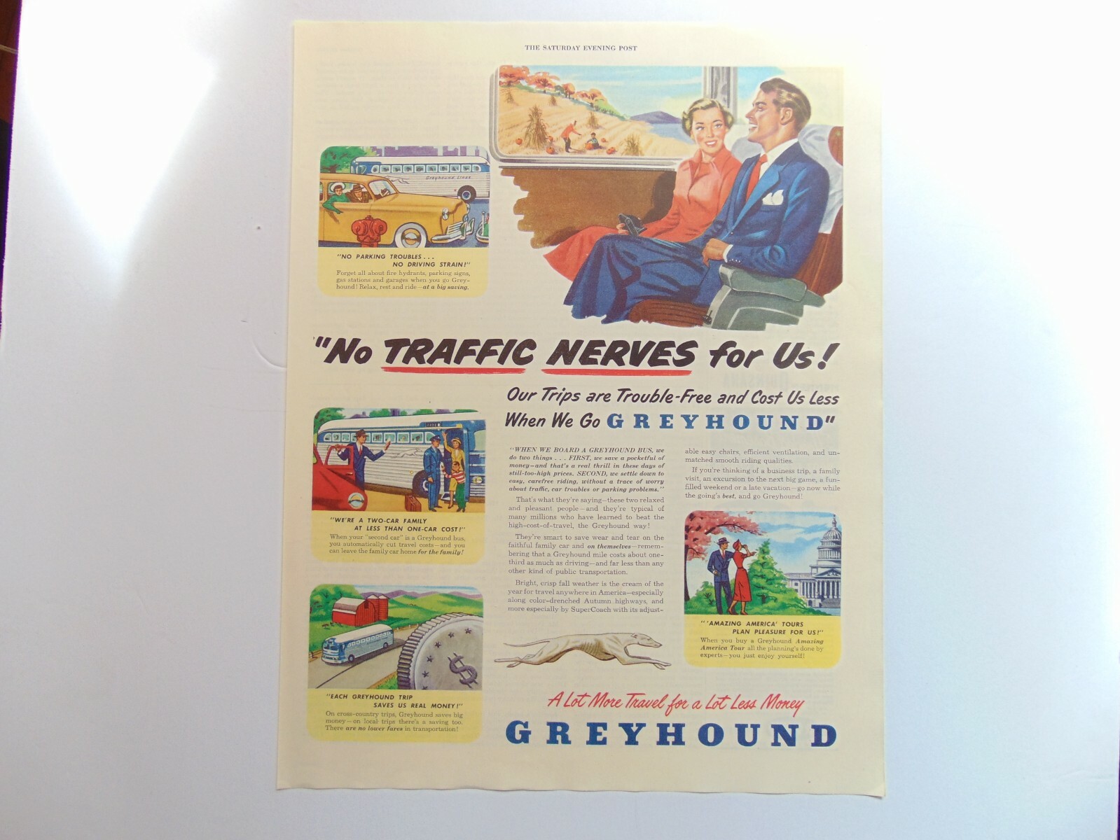 1949 GREYHOUND BUS TRAVEL No Traffic Nerves For Couple vintage art print ad