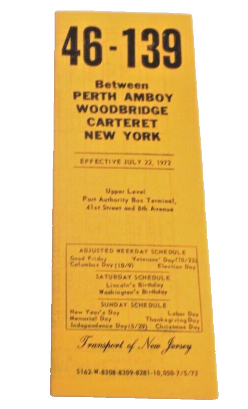 JULY 1972 TRANSPORT OF NEW JERSEY ROUTE #46 #139 PERTH AMBOY PUBLIC TIMETABLE