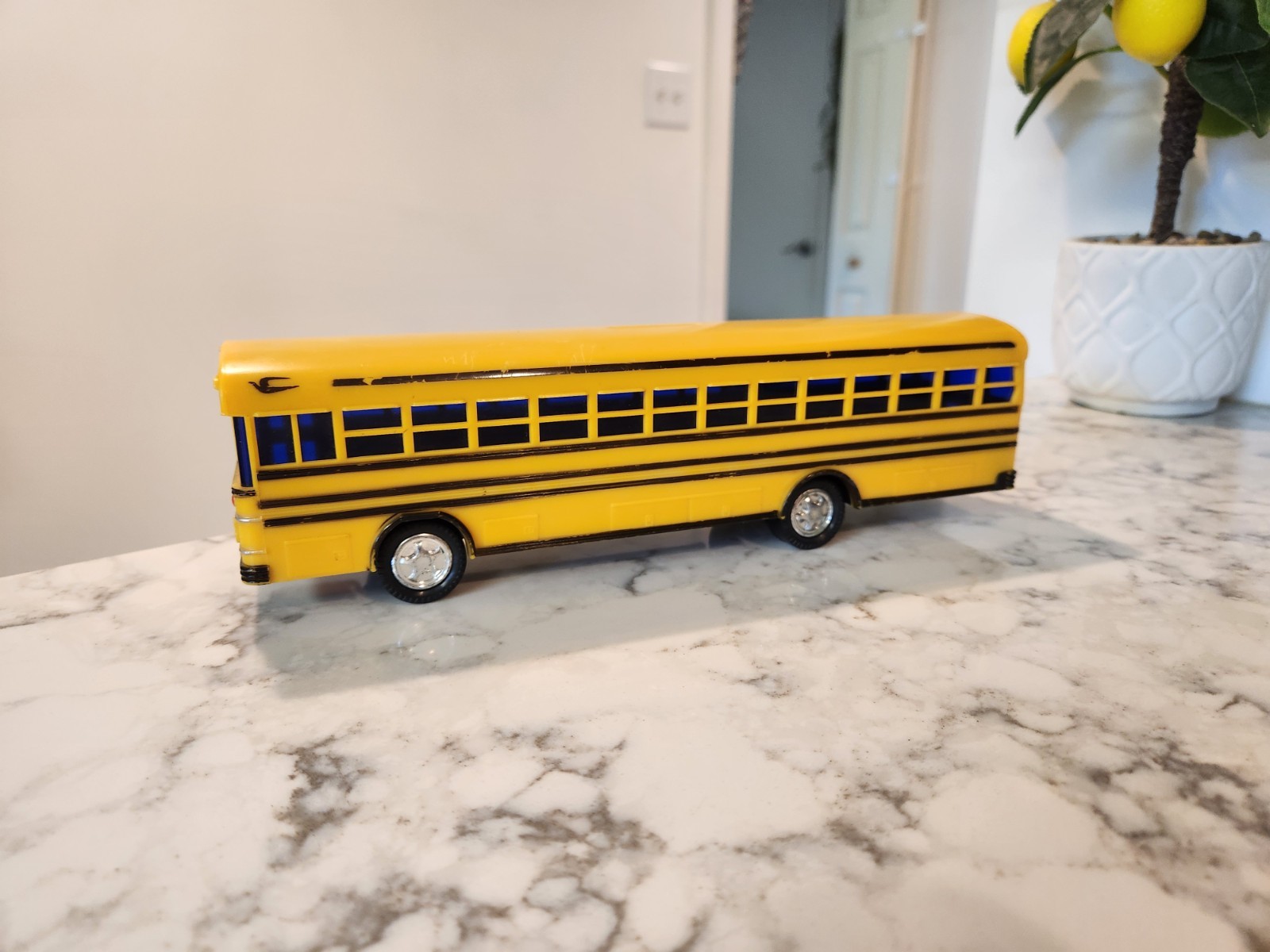 Vtg Yellow Blue Bird School Bus Jimson No. 330 Coin Bank Plastic 10” With Plug