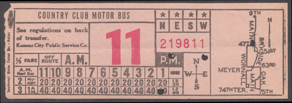 Kansas City KS Public Service Country Club Motor Bus transfer ca 1940s