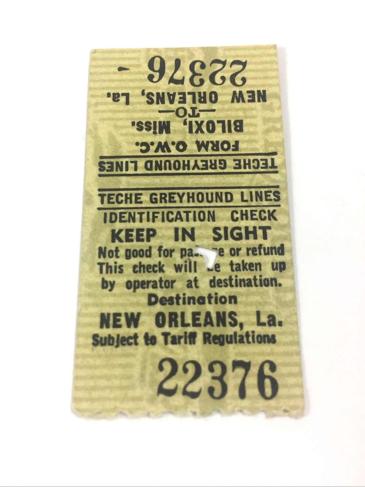 1951 Greyhound Bus Lines Ticket from Biloxi to New Orleans October 20, 1951