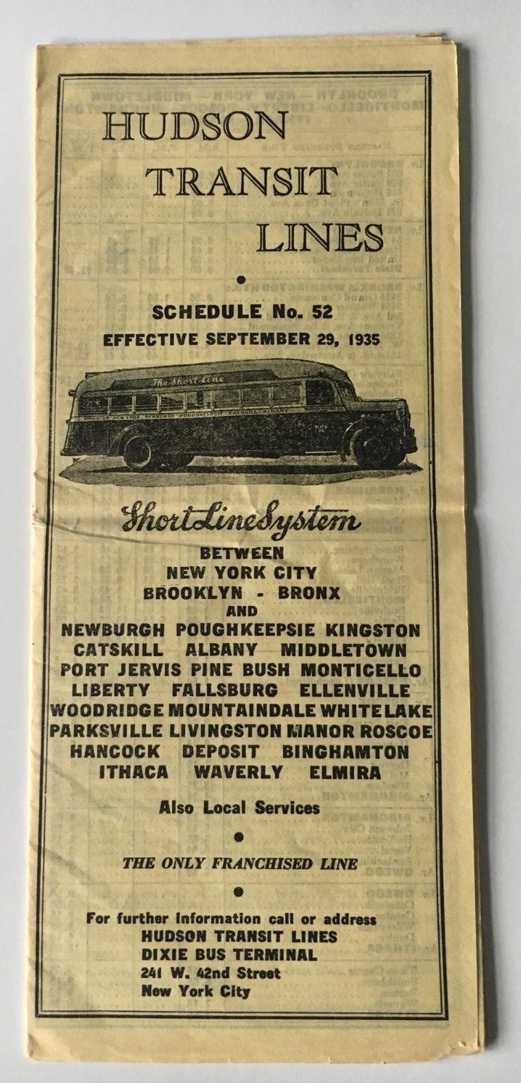 Vtg 1935 Hudson Transit Lines Bus Motor Coach Timetable Brochure NYC Upstate NY