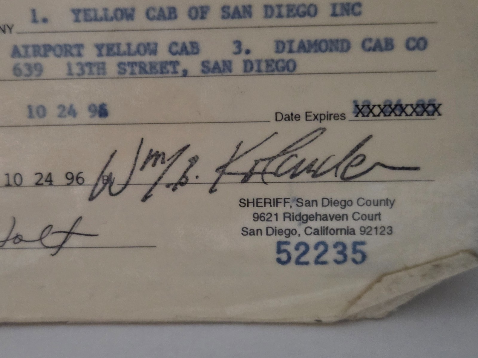 1996 San Diego Taxicab Female Driver’s Identification Card for 3 Companies