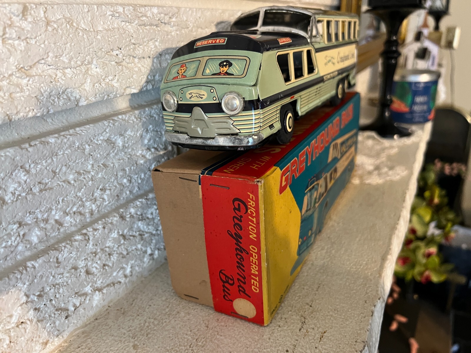 Antique Nomura (Japan) Tin Friction w siren 11″ Greyhound SceniCruiser c box