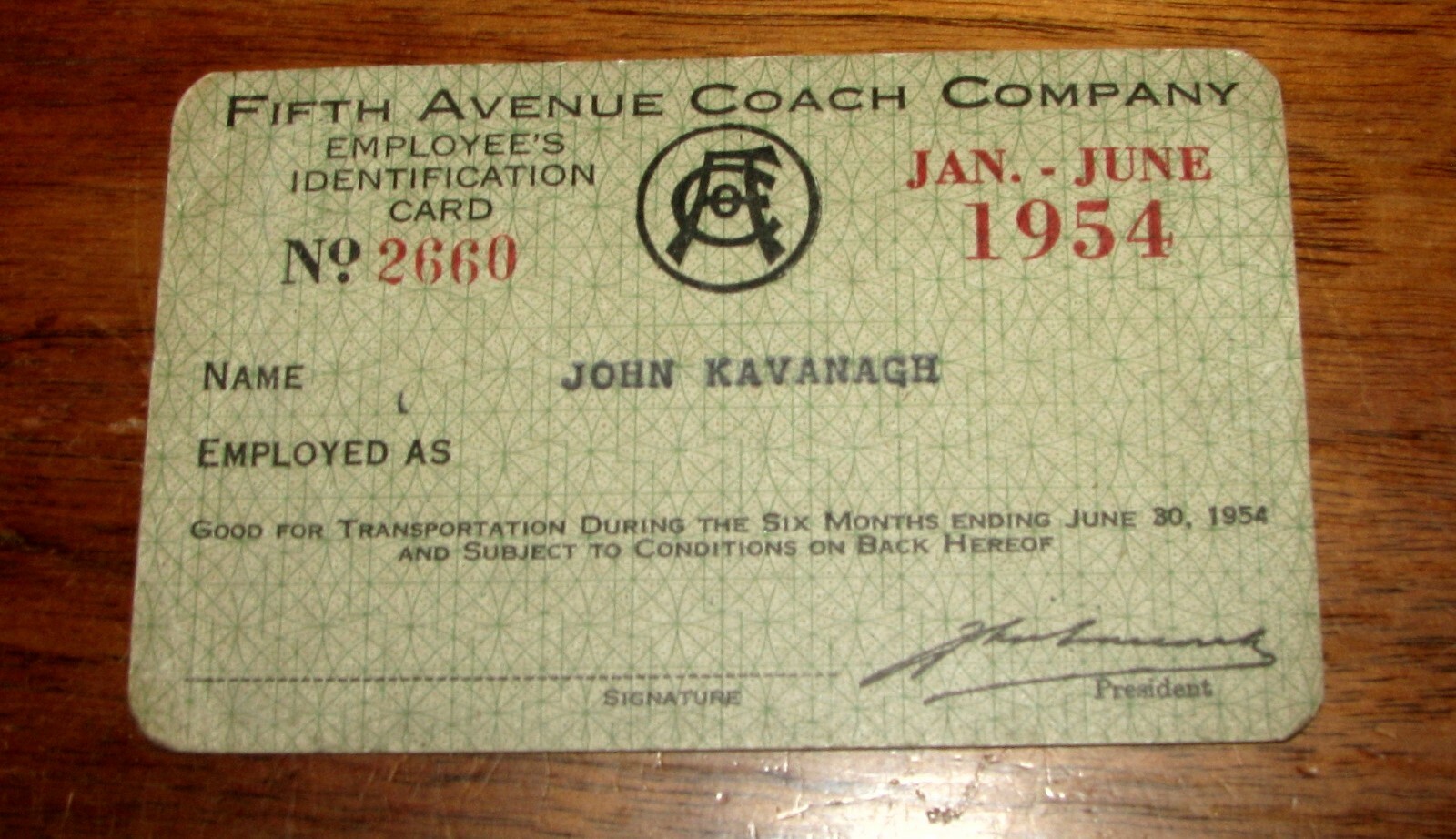 1954 FIFTH AVENUE COACH COMPANY – Employee’s ID Card – New York