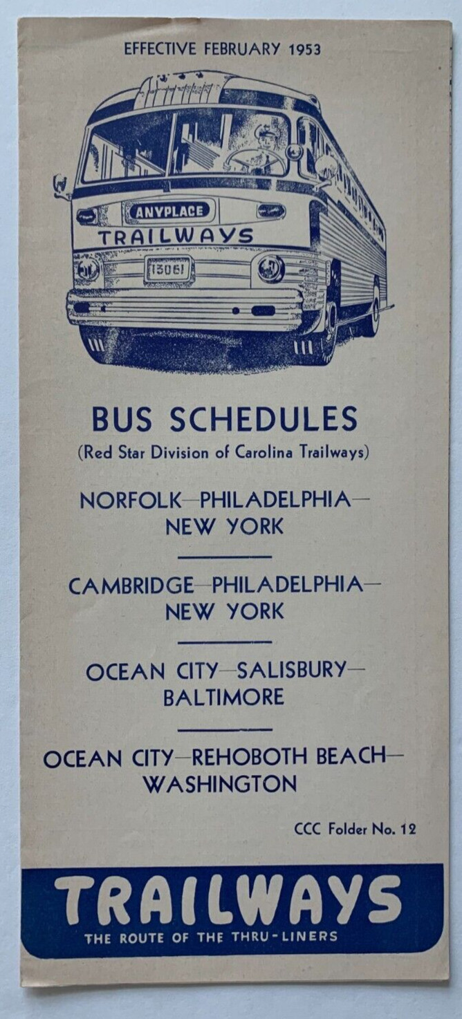 1953 Trailways Bus Schedules Timetable Brochure Norfolk Ocean City MD NY Phila