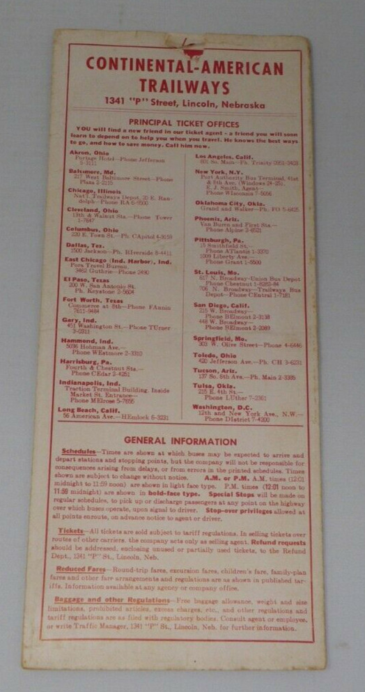 1957 October Continental Trailways Bus Schedules Time Tables Cross Country