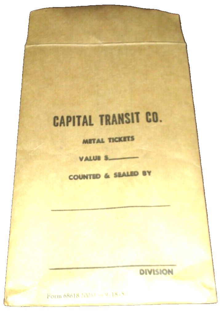 SEPTEMBER 1950 CAPITAL TRANSIT USED METAL TICKET ENVELOPE