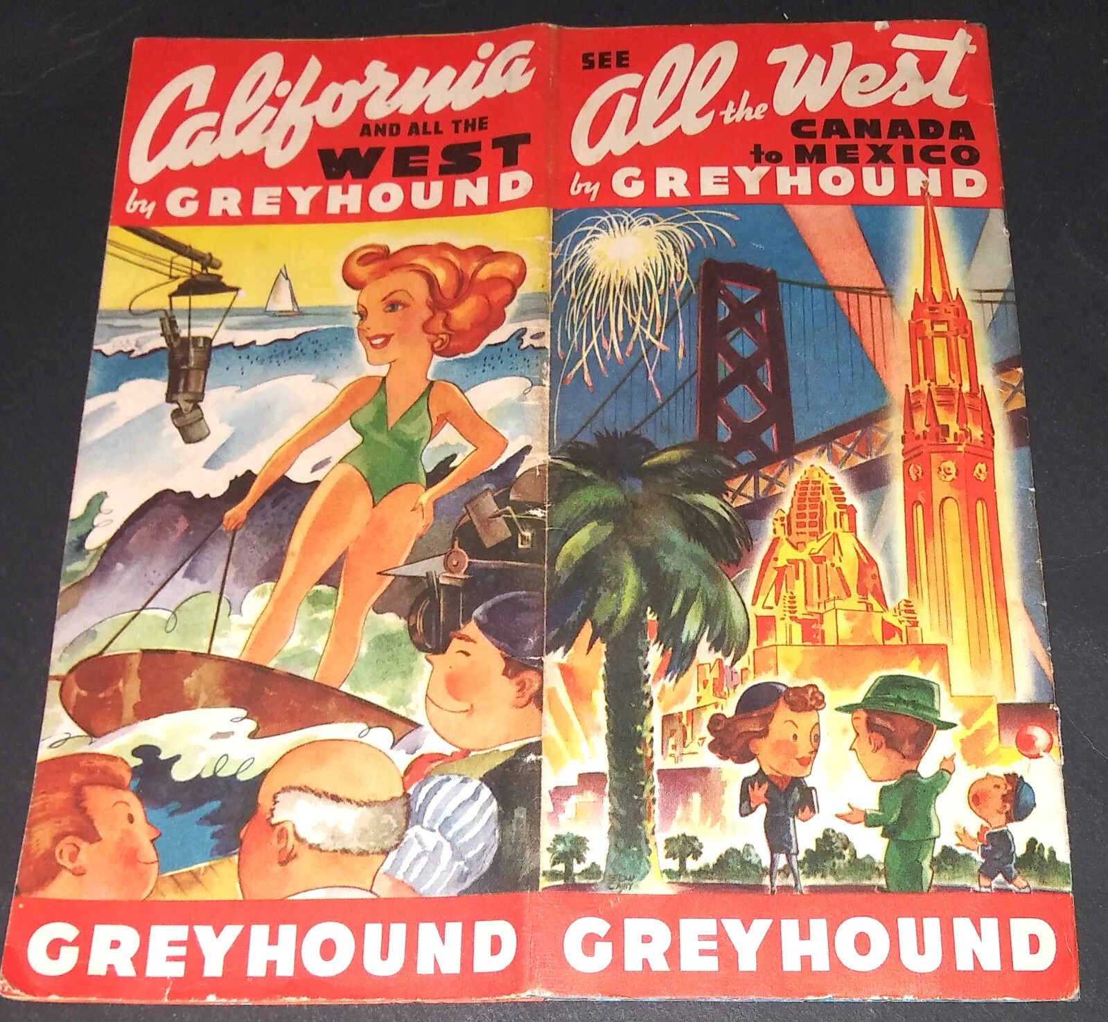 GREYHOUND BUS travel advertising brochure SEE CALIFORNIA & WEST 1939 cartoon map
