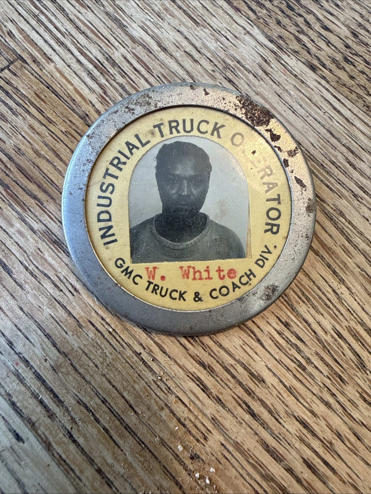 Vtg Industrial Truck Operator GMC Coach Photo ID Badge Pin